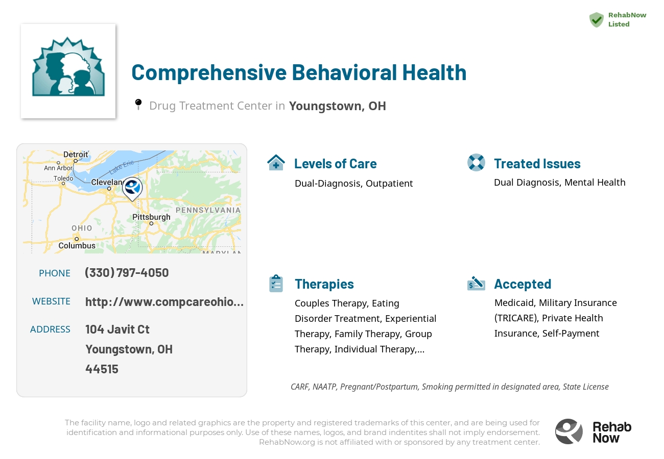 Helpful reference information for Comprehensive Behavioral Health, a drug treatment center in Ohio located at: 104 Javit Ct, Youngstown, OH 44515, including phone numbers, official website, and more. Listed briefly is an overview of Levels of Care, Therapies Offered, Issues Treated, and accepted forms of Payment Methods.