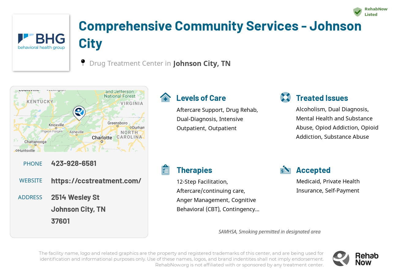 Helpful reference information for Comprehensive Community Services - Johnson City, a drug treatment center in Tennessee located at: 2514 Wesley St, Johnson City, TN 37601, including phone numbers, official website, and more. Listed briefly is an overview of Levels of Care, Therapies Offered, Issues Treated, and accepted forms of Payment Methods.