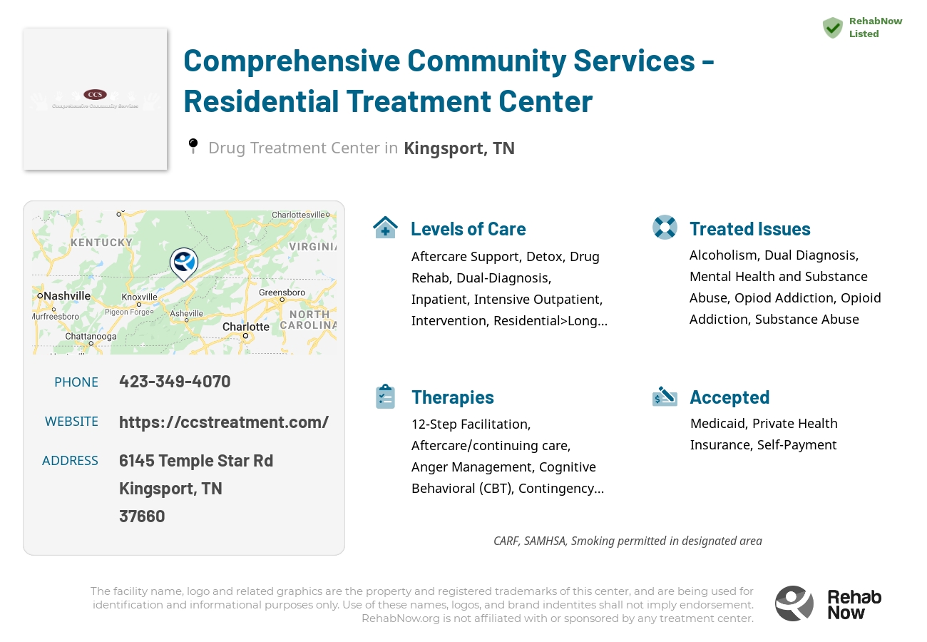 Helpful reference information for Comprehensive Community Services - Residential Treatment Center, a drug treatment center in Tennessee located at: 6145 Temple Star Rd, Kingsport, TN 37660, including phone numbers, official website, and more. Listed briefly is an overview of Levels of Care, Therapies Offered, Issues Treated, and accepted forms of Payment Methods.