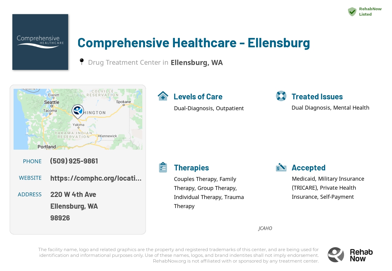 Helpful reference information for Comprehensive Healthcare - Ellensburg, a drug treatment center in Washington located at: 220 W 4th Ave, Ellensburg, WA 98926, including phone numbers, official website, and more. Listed briefly is an overview of Levels of Care, Therapies Offered, Issues Treated, and accepted forms of Payment Methods.