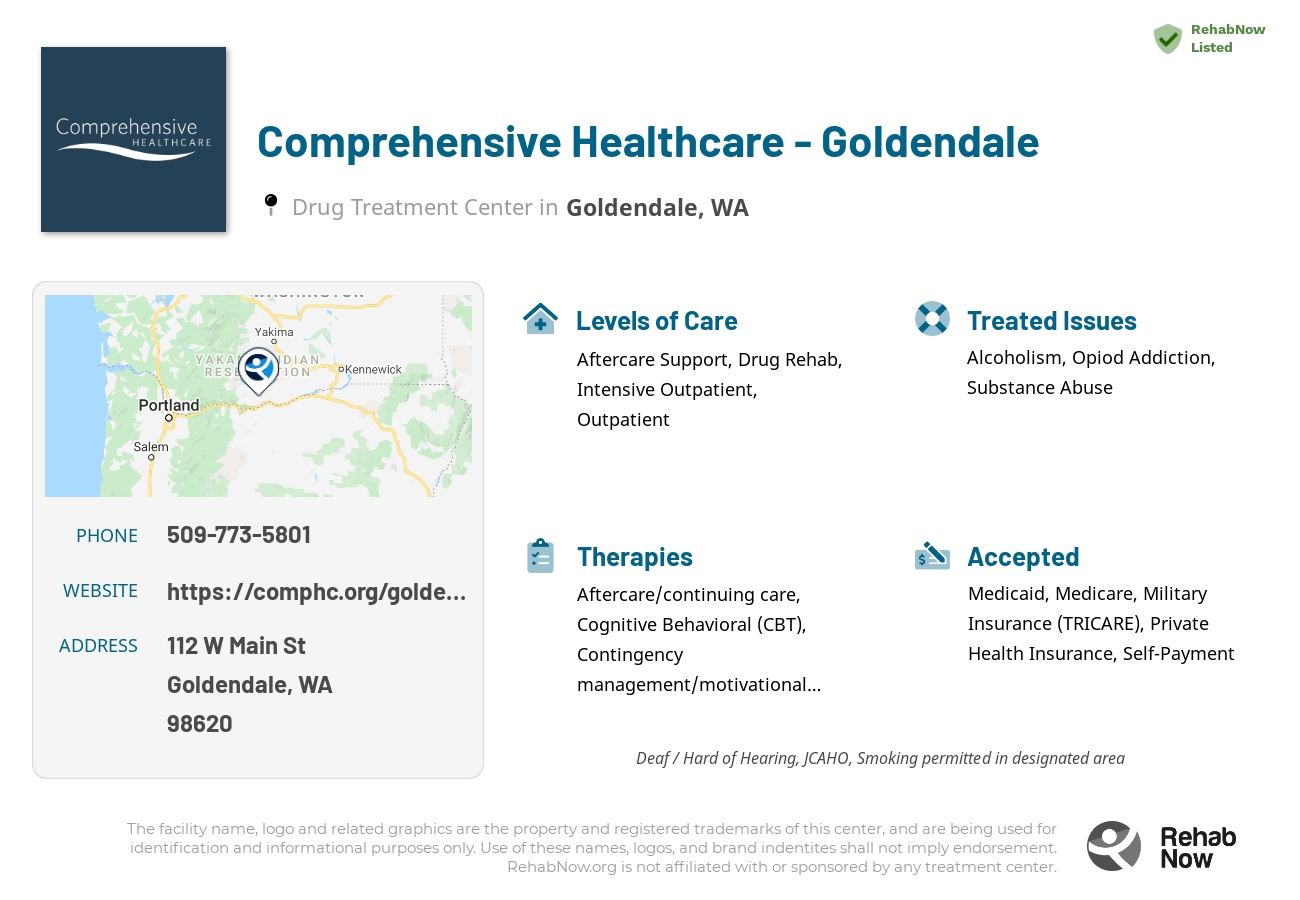 Helpful reference information for Comprehensive Healthcare - Goldendale, a drug treatment center in Washington located at: 112 W Main St, Goldendale, WA 98620, including phone numbers, official website, and more. Listed briefly is an overview of Levels of Care, Therapies Offered, Issues Treated, and accepted forms of Payment Methods.