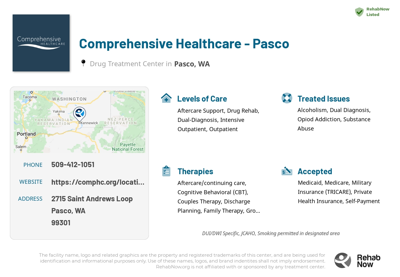 Helpful reference information for Comprehensive Healthcare - Pasco, a drug treatment center in Washington located at: 2715 Saint Andrews Loop, Pasco, WA 99301, including phone numbers, official website, and more. Listed briefly is an overview of Levels of Care, Therapies Offered, Issues Treated, and accepted forms of Payment Methods.