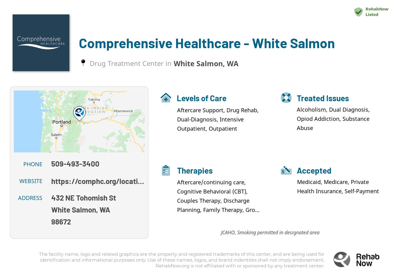 Helpful reference information for Comprehensive Healthcare - White Salmon, a drug treatment center in Washington located at: 432 NE Tohomish St, White Salmon, WA 98672, including phone numbers, official website, and more. Listed briefly is an overview of Levels of Care, Therapies Offered, Issues Treated, and accepted forms of Payment Methods.