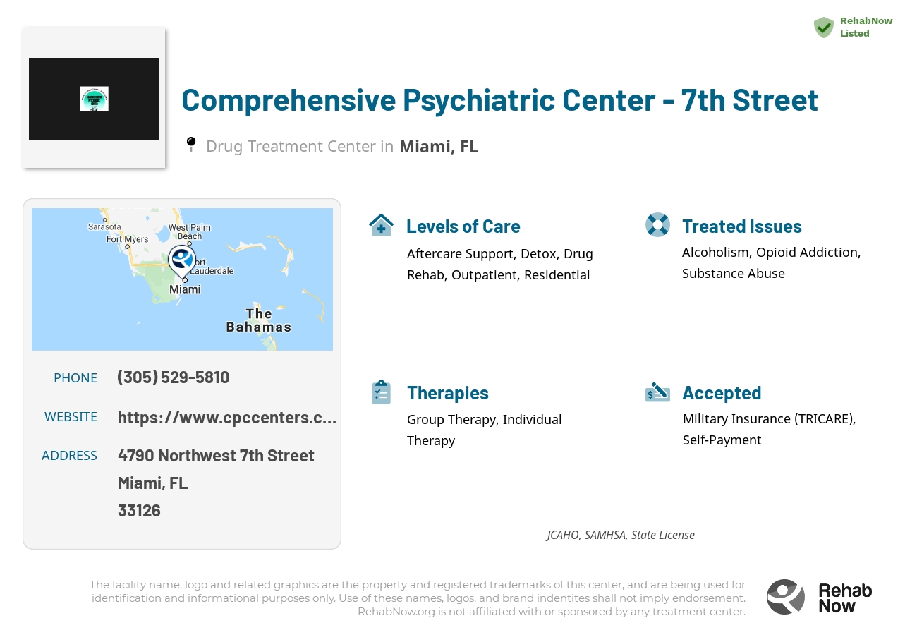 Helpful reference information for Comprehensive Psychiatric Center - 7th Street, a drug treatment center in Florida located at: 4790 Northwest 7th Street, Miami, FL, 33126, including phone numbers, official website, and more. Listed briefly is an overview of Levels of Care, Therapies Offered, Issues Treated, and accepted forms of Payment Methods.