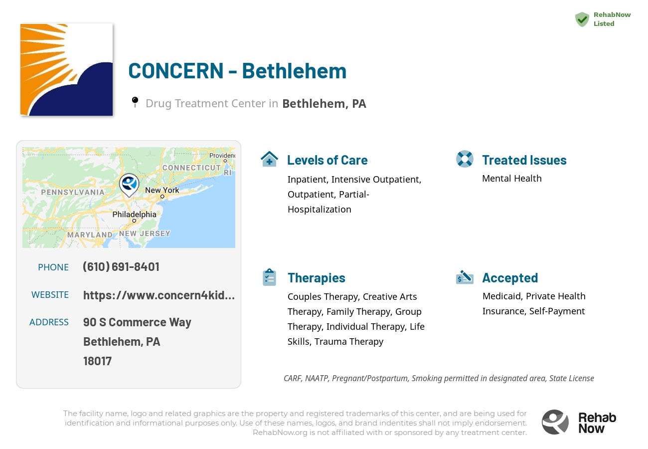 Helpful reference information for CONCERN - Bethlehem, a drug treatment center in Pennsylvania located at: 90 S Commerce Way, Bethlehem, PA 18017, including phone numbers, official website, and more. Listed briefly is an overview of Levels of Care, Therapies Offered, Issues Treated, and accepted forms of Payment Methods.