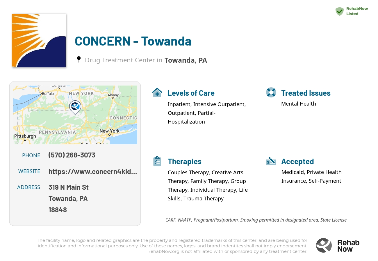 Helpful reference information for CONCERN - Towanda, a drug treatment center in Pennsylvania located at: 319 N Main St, Towanda, PA 18848, including phone numbers, official website, and more. Listed briefly is an overview of Levels of Care, Therapies Offered, Issues Treated, and accepted forms of Payment Methods.