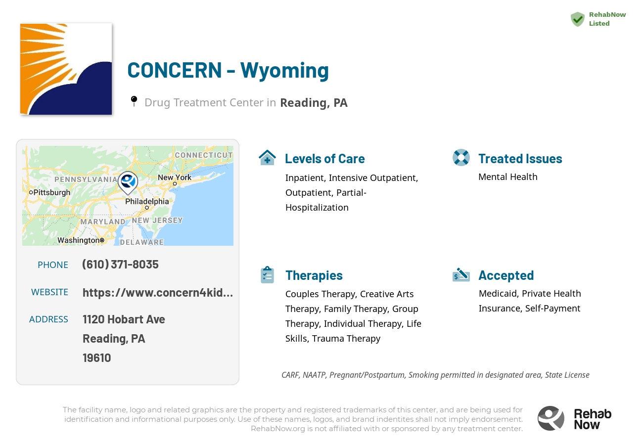 Helpful reference information for CONCERN - Wyoming, a drug treatment center in Pennsylvania located at: 1120 Hobart Ave, Reading, PA 19610, including phone numbers, official website, and more. Listed briefly is an overview of Levels of Care, Therapies Offered, Issues Treated, and accepted forms of Payment Methods.