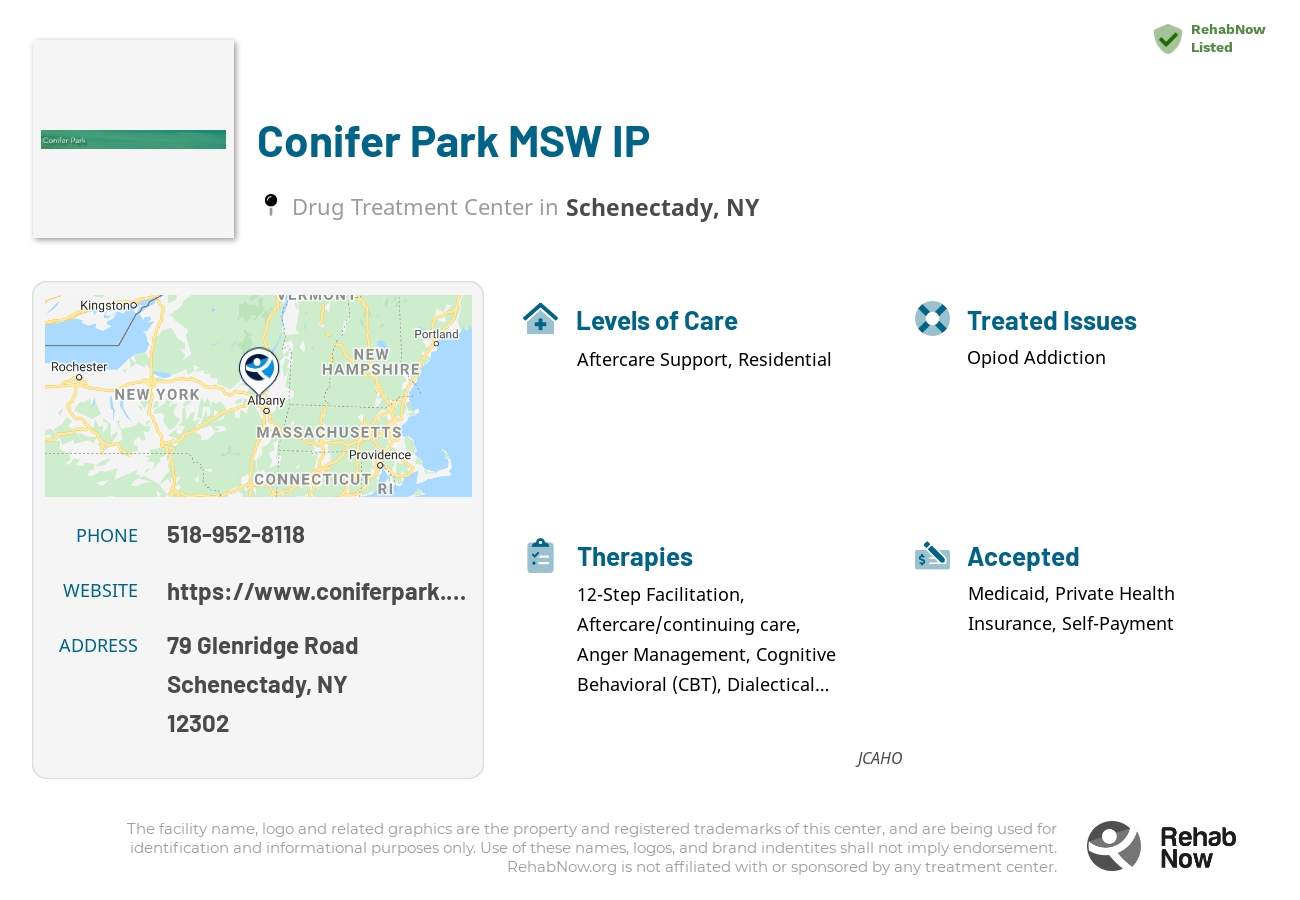 Helpful reference information for Conifer Park MSW IP, a drug treatment center in New York located at: 79 Glenridge Road, Schenectady, NY 12302, including phone numbers, official website, and more. Listed briefly is an overview of Levels of Care, Therapies Offered, Issues Treated, and accepted forms of Payment Methods.