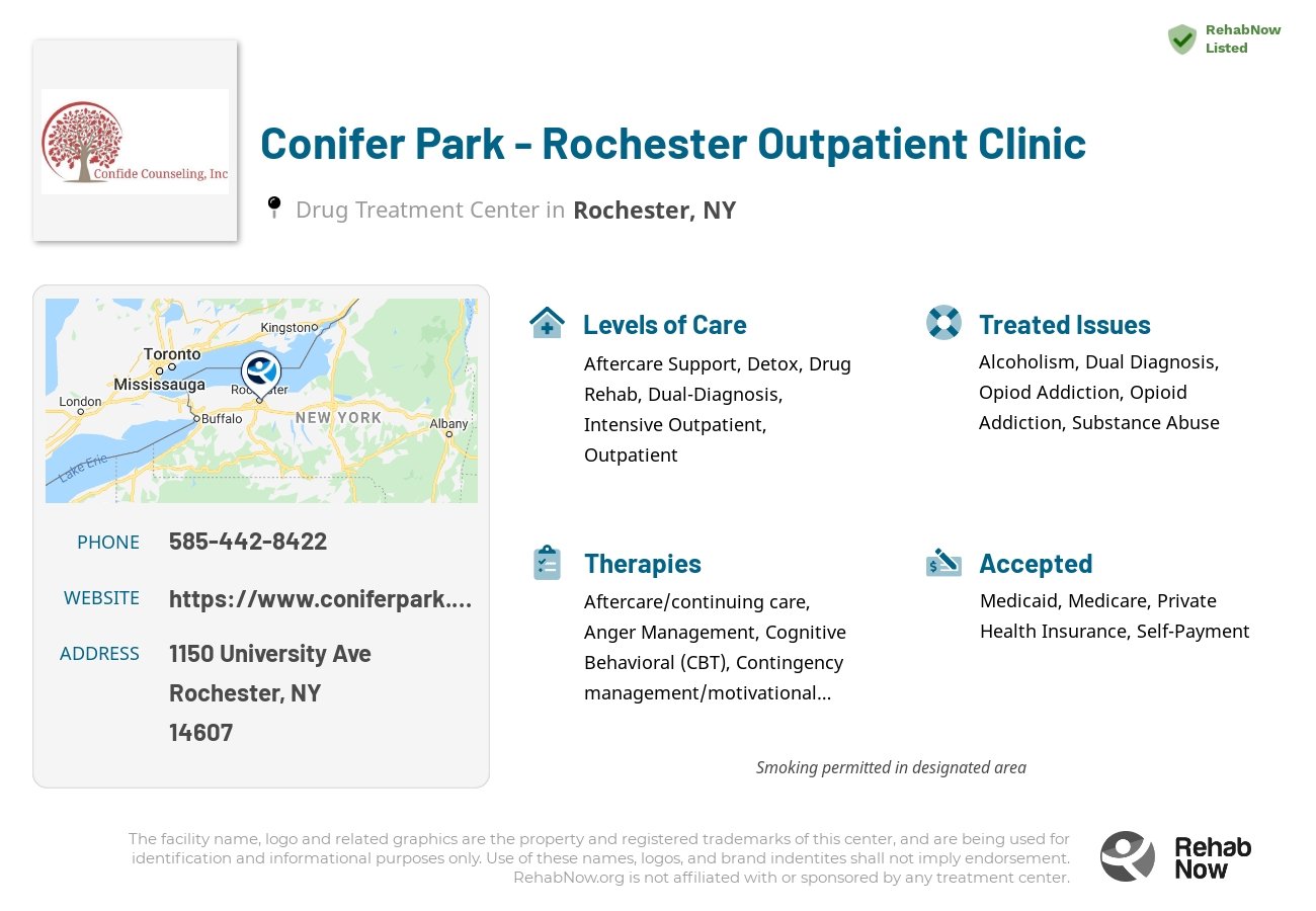 Helpful reference information for Conifer Park - Rochester Outpatient Clinic, a drug treatment center in New York located at: 1150 University Ave, Rochester, NY 14607, including phone numbers, official website, and more. Listed briefly is an overview of Levels of Care, Therapies Offered, Issues Treated, and accepted forms of Payment Methods.