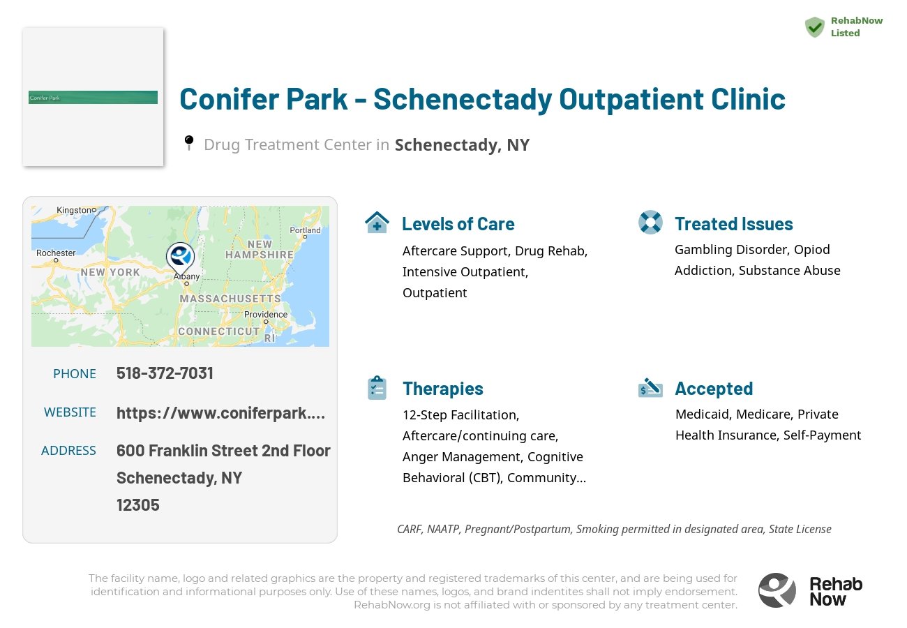 Helpful reference information for Conifer Park - Schenectady Outpatient Clinic, a drug treatment center in New York located at: 600 Franklin Street 2nd Floor, Schenectady, NY 12305, including phone numbers, official website, and more. Listed briefly is an overview of Levels of Care, Therapies Offered, Issues Treated, and accepted forms of Payment Methods.