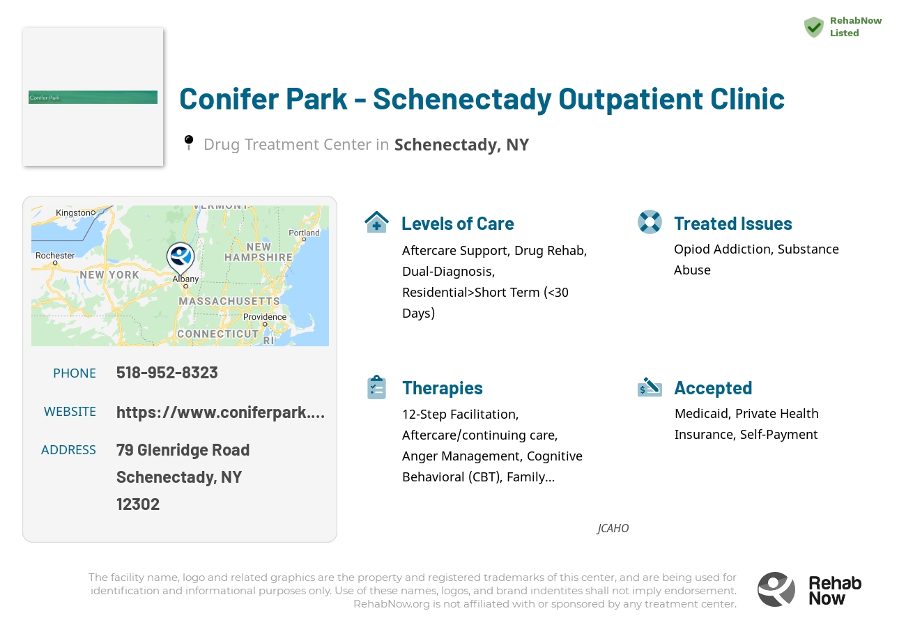 Helpful reference information for Conifer Park - Schenectady Outpatient Clinic, a drug treatment center in New York located at: 79 Glenridge Road, Schenectady, NY 12302, including phone numbers, official website, and more. Listed briefly is an overview of Levels of Care, Therapies Offered, Issues Treated, and accepted forms of Payment Methods.