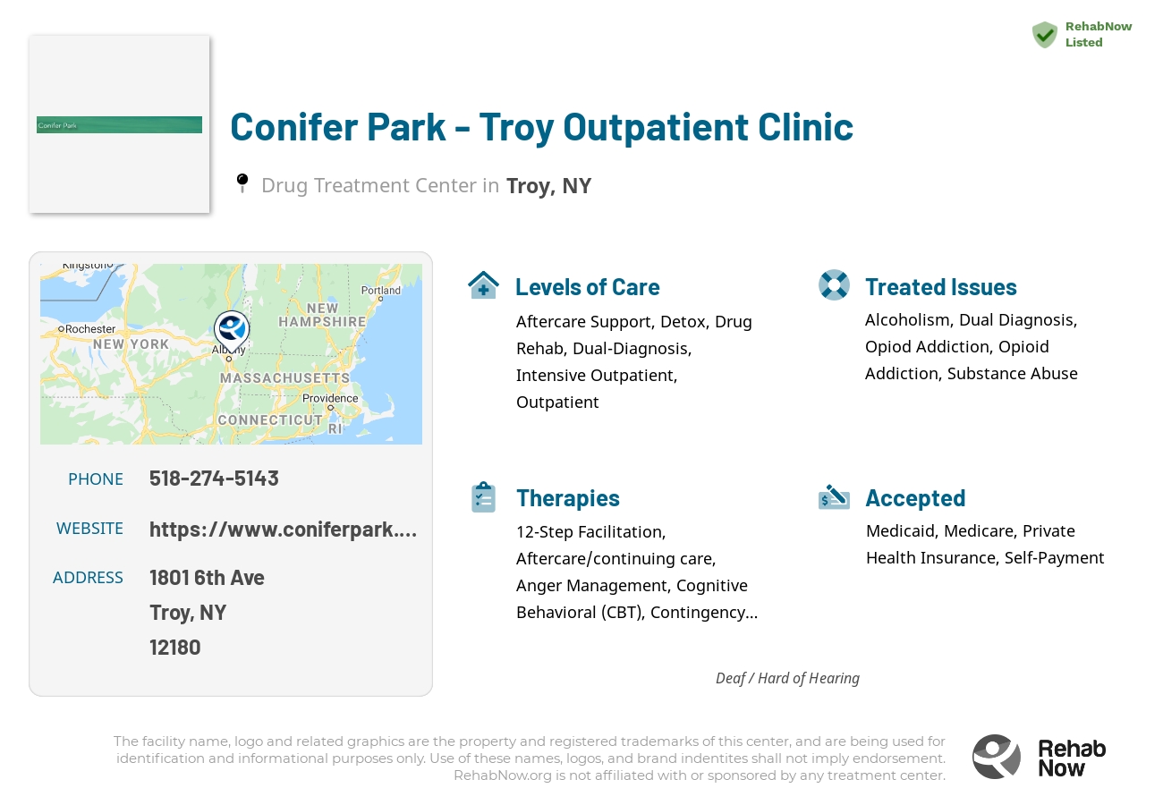 Helpful reference information for Conifer Park - Troy Outpatient Clinic, a drug treatment center in New York located at: 1801 6th Ave, Troy, NY 12180, including phone numbers, official website, and more. Listed briefly is an overview of Levels of Care, Therapies Offered, Issues Treated, and accepted forms of Payment Methods.