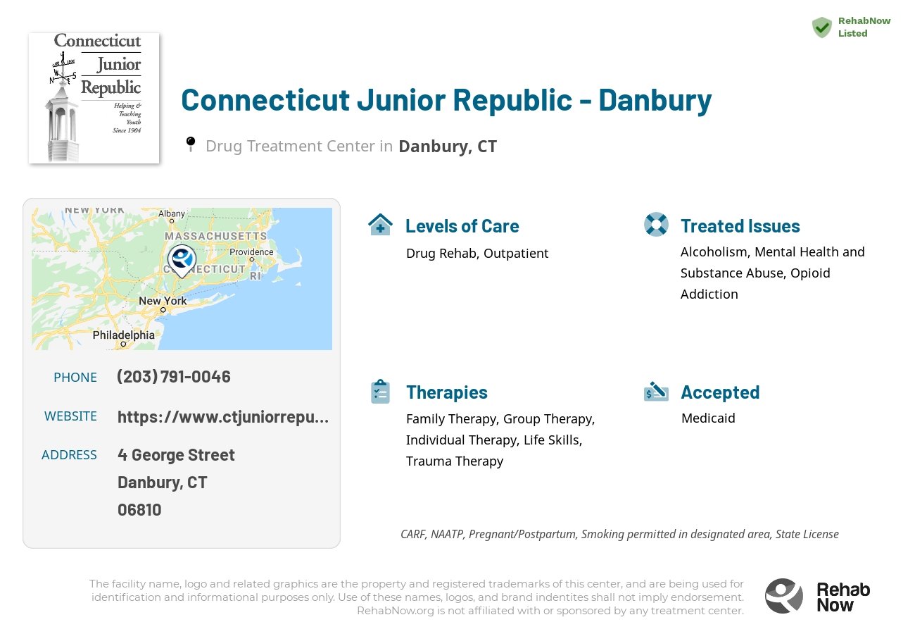 Helpful reference information for Connecticut Junior Republic - Danbury, a drug treatment center in Connecticut located at: 4 George Street, Danbury, CT, 06810, including phone numbers, official website, and more. Listed briefly is an overview of Levels of Care, Therapies Offered, Issues Treated, and accepted forms of Payment Methods.