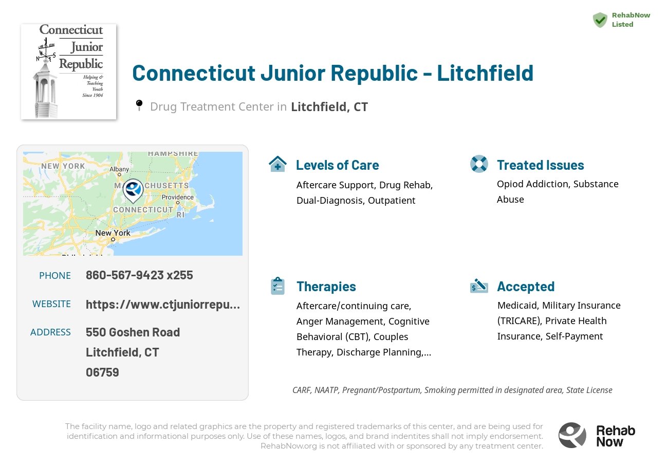 Helpful reference information for Connecticut Junior Republic - Litchfield, a drug treatment center in Connecticut located at: 550 Goshen Road, Litchfield, CT 06759, including phone numbers, official website, and more. Listed briefly is an overview of Levels of Care, Therapies Offered, Issues Treated, and accepted forms of Payment Methods.