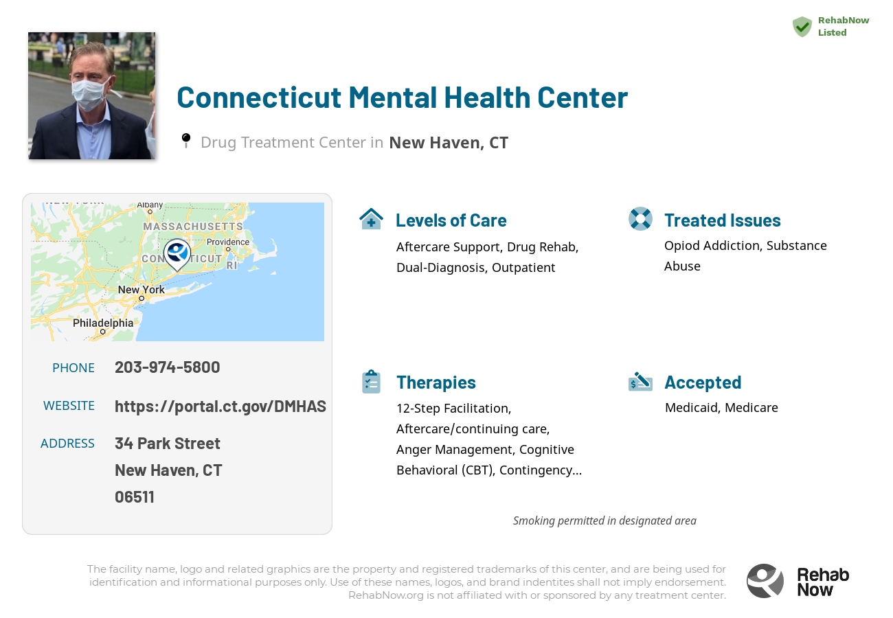 Helpful reference information for Connecticut Mental Health Center, a drug treatment center in Connecticut located at: 34 Park Street, New Haven, CT 06511, including phone numbers, official website, and more. Listed briefly is an overview of Levels of Care, Therapies Offered, Issues Treated, and accepted forms of Payment Methods.
