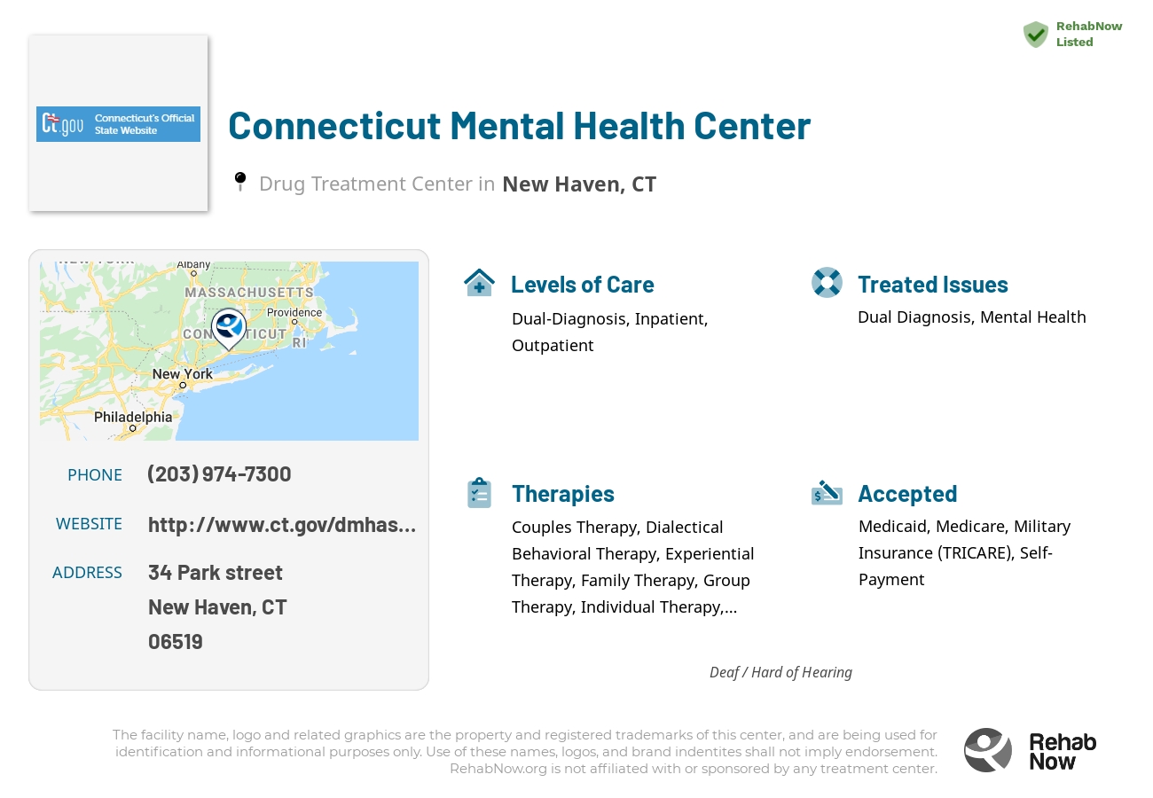 Helpful reference information for Connecticut Mental Health Center, a drug treatment center in Connecticut located at: 34 Park street, New Haven, CT, 06519, including phone numbers, official website, and more. Listed briefly is an overview of Levels of Care, Therapies Offered, Issues Treated, and accepted forms of Payment Methods.