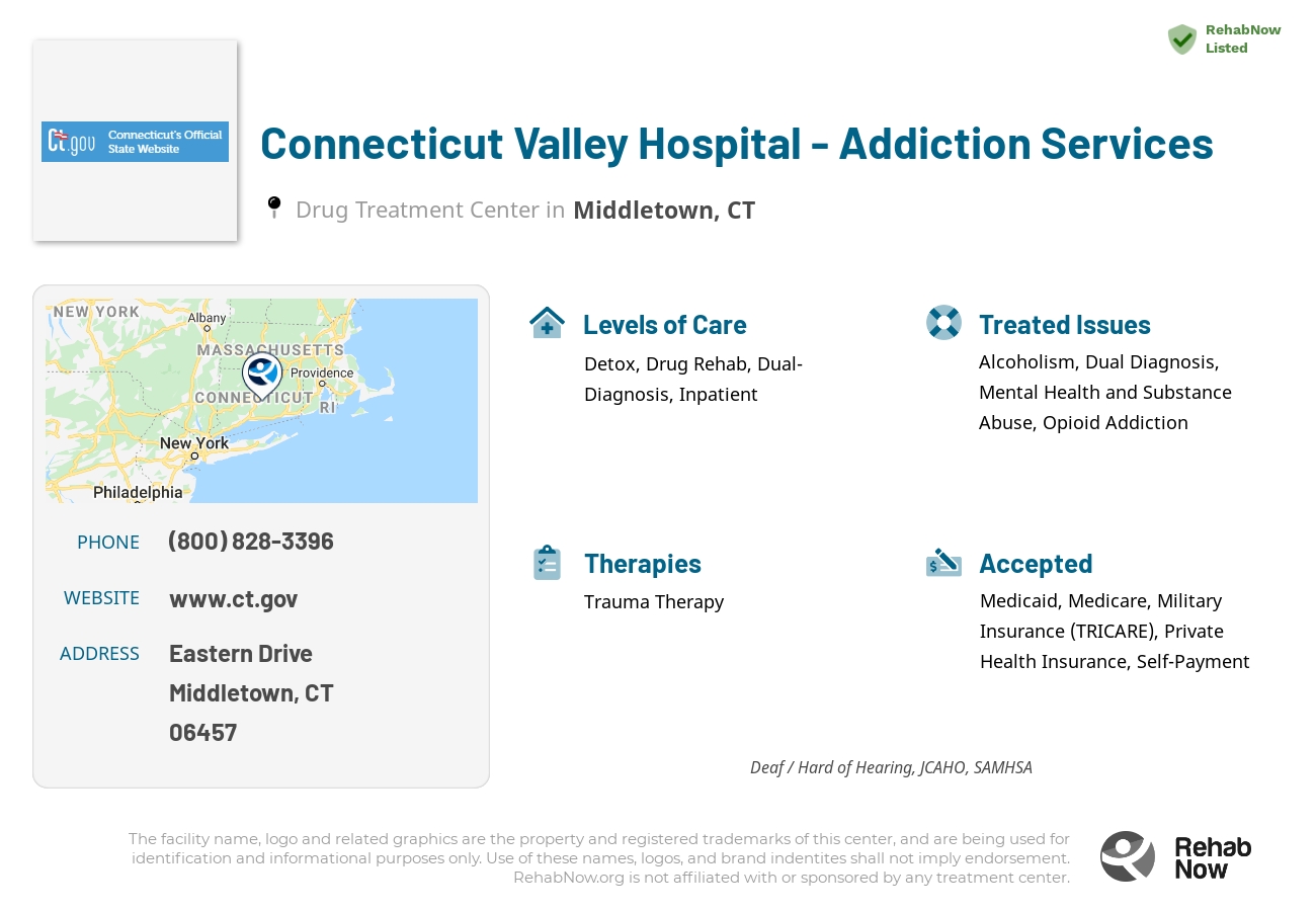 Helpful reference information for Connecticut Valley Hospital - Addiction Services, a drug treatment center in Connecticut located at: Eastern Drive, Middletown, CT, 06457, including phone numbers, official website, and more. Listed briefly is an overview of Levels of Care, Therapies Offered, Issues Treated, and accepted forms of Payment Methods.