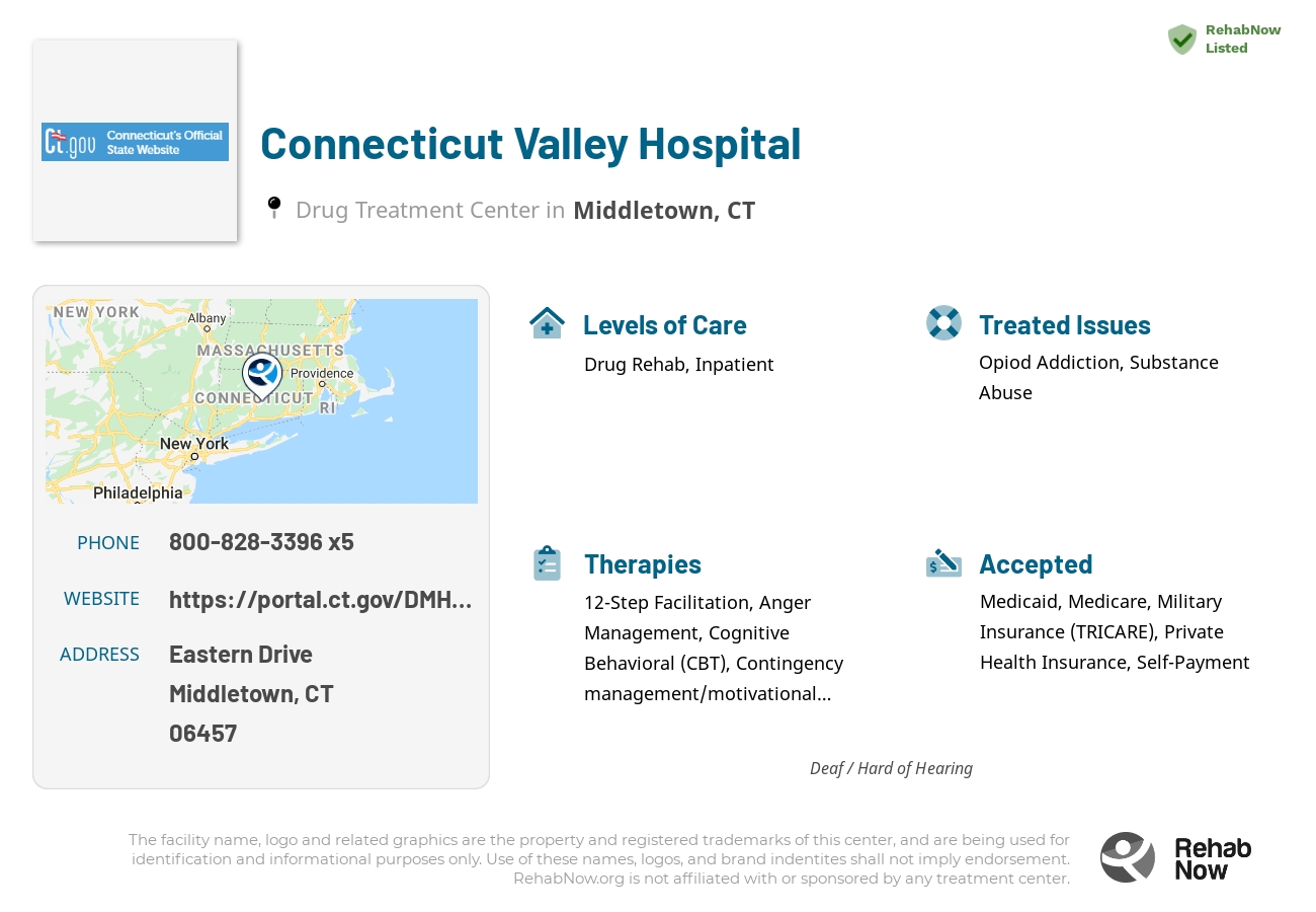 Helpful reference information for Connecticut Valley Hospital, a drug treatment center in Connecticut located at: Eastern Drive, Middletown, CT 06457, including phone numbers, official website, and more. Listed briefly is an overview of Levels of Care, Therapies Offered, Issues Treated, and accepted forms of Payment Methods.