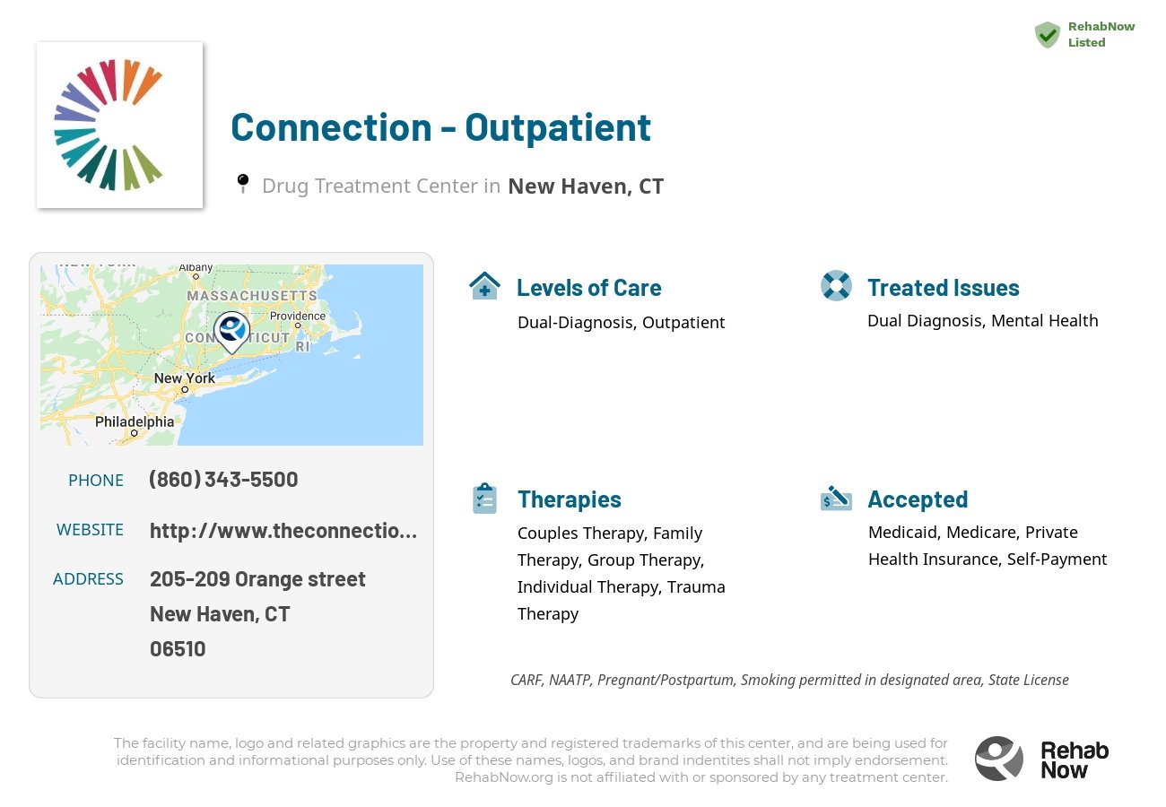 Helpful reference information for Connection - Outpatient, a drug treatment center in Connecticut located at: 205-209 Orange street, New Haven, CT, 06510, including phone numbers, official website, and more. Listed briefly is an overview of Levels of Care, Therapies Offered, Issues Treated, and accepted forms of Payment Methods.