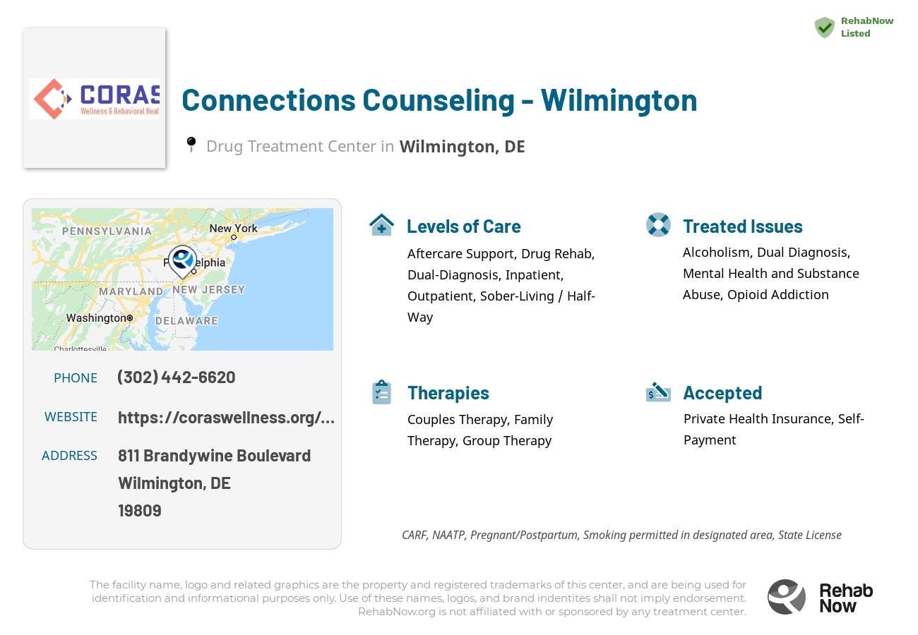 Helpful reference information for Connections Counseling - Wilmington, a drug treatment center in Delaware located at: 811 Brandywine Boulevard, Wilmington, DE, 19809, including phone numbers, official website, and more. Listed briefly is an overview of Levels of Care, Therapies Offered, Issues Treated, and accepted forms of Payment Methods.