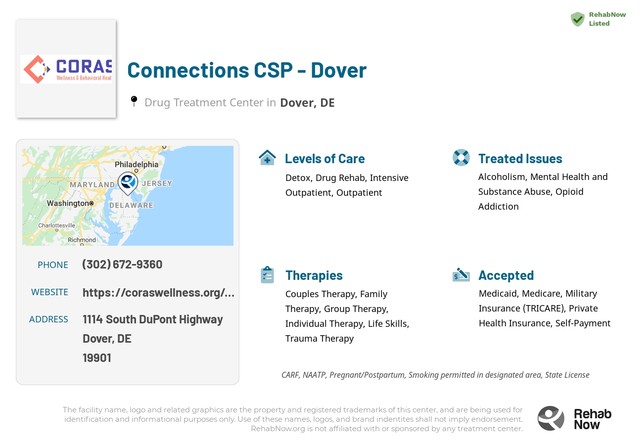 Helpful reference information for Connections CSP - Dover, a drug treatment center in Delaware located at: 1114 South DuPont Highway, Dover, DE, 19901, including phone numbers, official website, and more. Listed briefly is an overview of Levels of Care, Therapies Offered, Issues Treated, and accepted forms of Payment Methods.