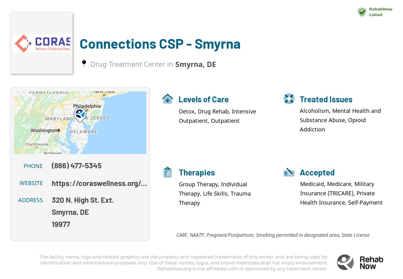 Helpful reference information for Connections CSP - Smyrna, a drug treatment center in Delaware located at: 320 N. High St. Ext., Smyrna, DE, 19977, including phone numbers, official website, and more. Listed briefly is an overview of Levels of Care, Therapies Offered, Issues Treated, and accepted forms of Payment Methods.