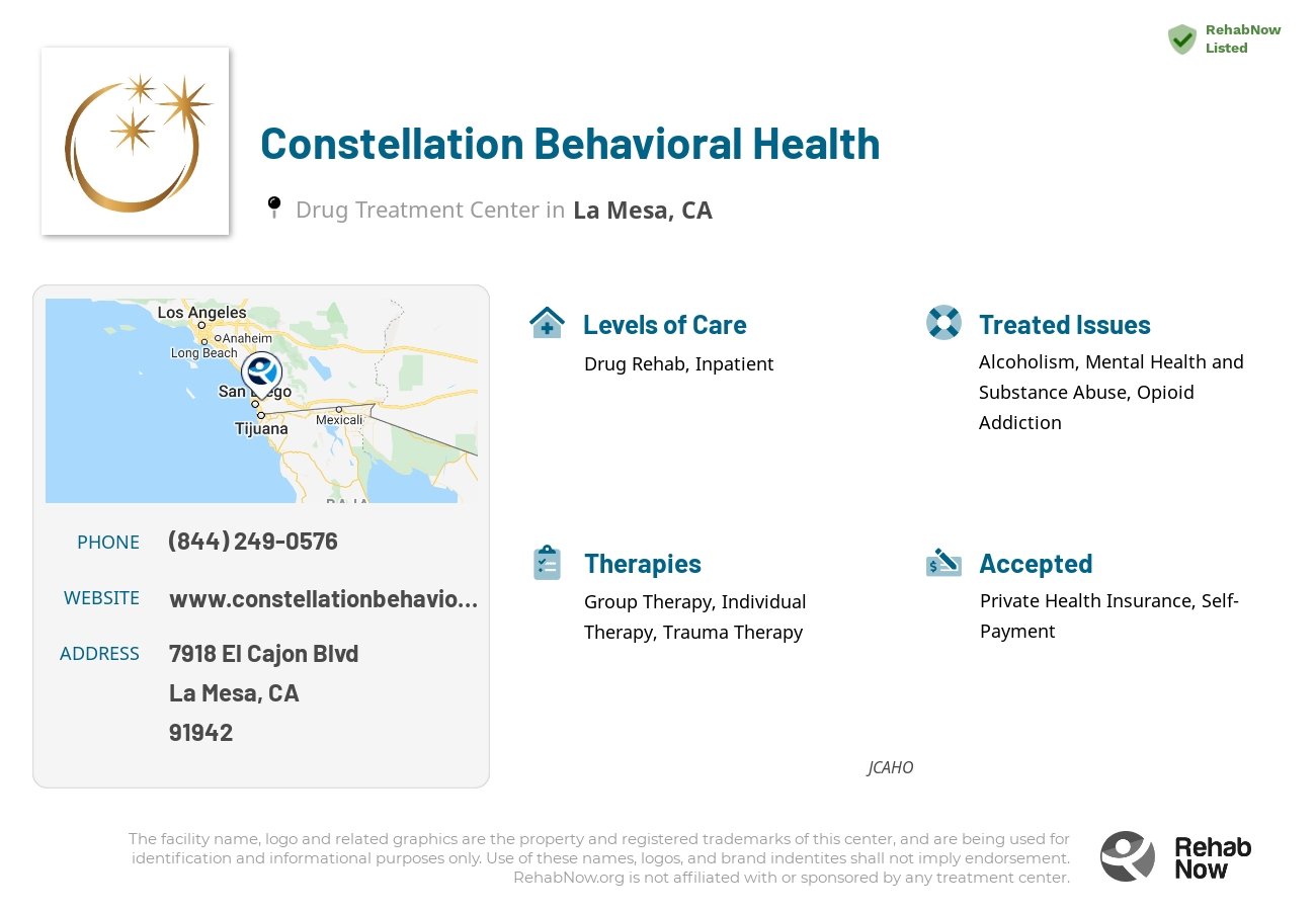 Helpful reference information for Constellation Behavioral Health, a drug treatment center in California located at: 7918 El Cajon Blvd, La Mesa, CA, 91942, including phone numbers, official website, and more. Listed briefly is an overview of Levels of Care, Therapies Offered, Issues Treated, and accepted forms of Payment Methods.
