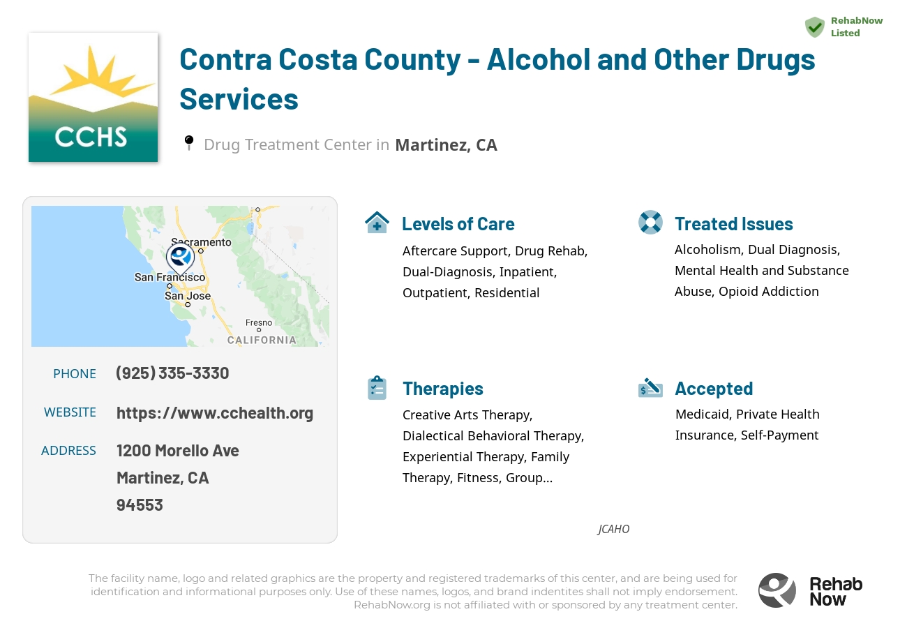 Helpful reference information for Contra Costa County - Alcohol and Other Drugs Services, a drug treatment center in California located at: 1200 Morello Ave, Martinez, CA 94553, including phone numbers, official website, and more. Listed briefly is an overview of Levels of Care, Therapies Offered, Issues Treated, and accepted forms of Payment Methods.