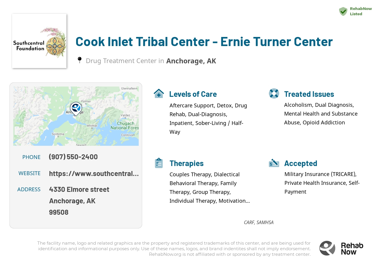 Helpful reference information for Cook Inlet Tribal Center - Ernie Turner Center, a drug treatment center in Alaska located at: 4330 Elmore street, Anchorage, AK, 99508, including phone numbers, official website, and more. Listed briefly is an overview of Levels of Care, Therapies Offered, Issues Treated, and accepted forms of Payment Methods.