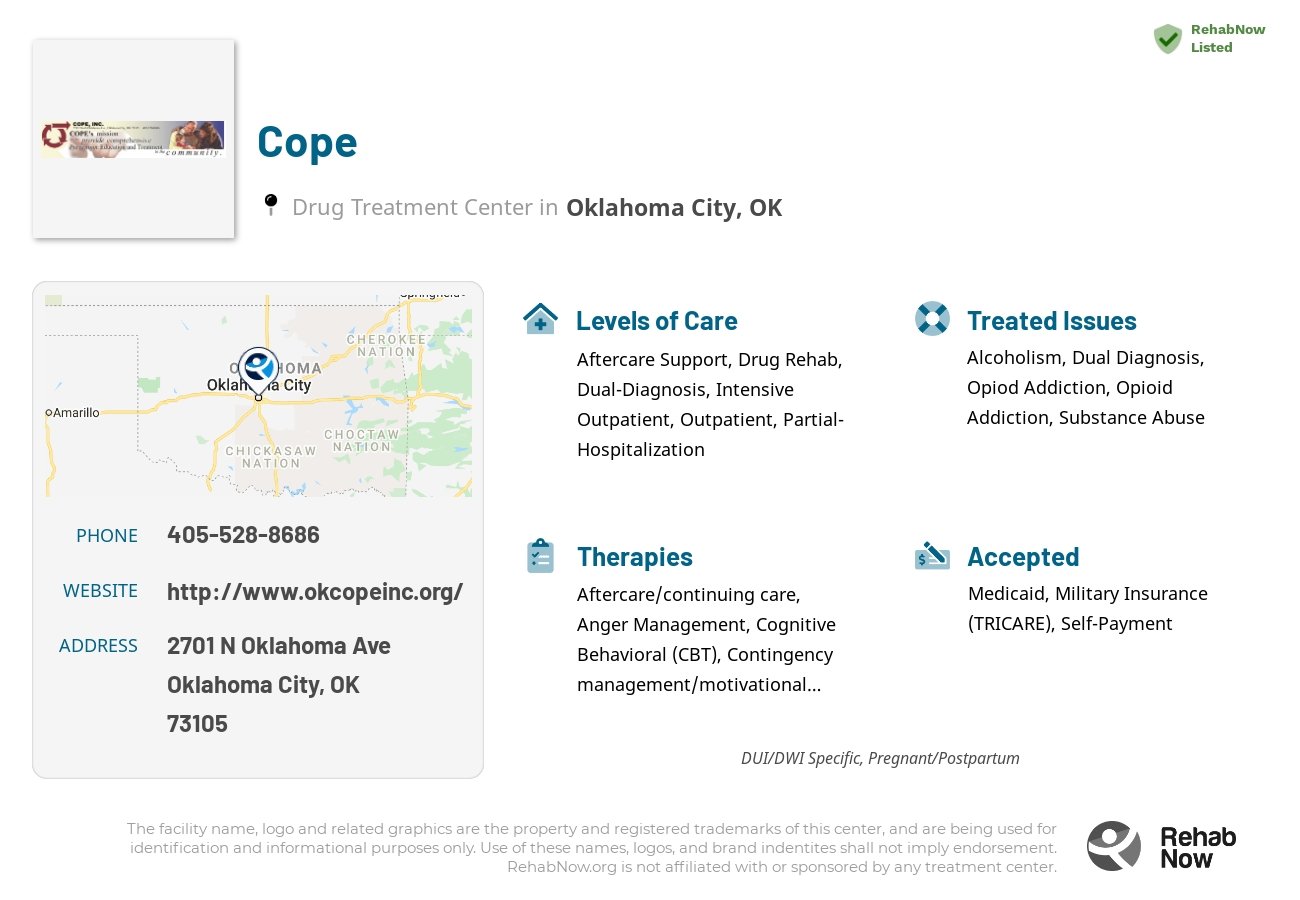 Helpful reference information for Cope, a drug treatment center in Oklahoma located at: 2701 N Oklahoma Ave, Oklahoma City, OK 73105, including phone numbers, official website, and more. Listed briefly is an overview of Levels of Care, Therapies Offered, Issues Treated, and accepted forms of Payment Methods.
