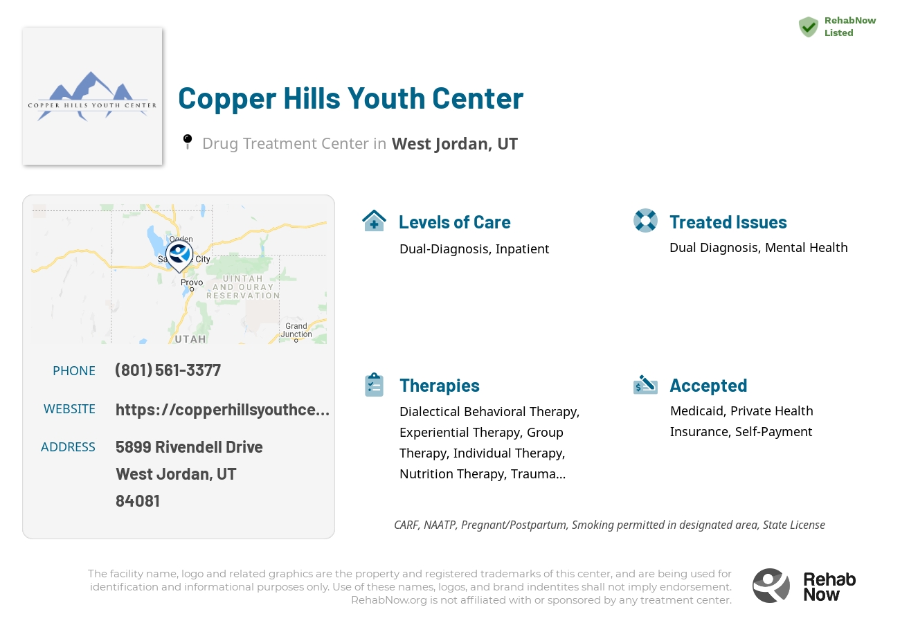 Helpful reference information for Copper Hills Youth Center, a drug treatment center in Utah located at: 5899 5899 Rivendell Drive, West Jordan, UT 84081, including phone numbers, official website, and more. Listed briefly is an overview of Levels of Care, Therapies Offered, Issues Treated, and accepted forms of Payment Methods.