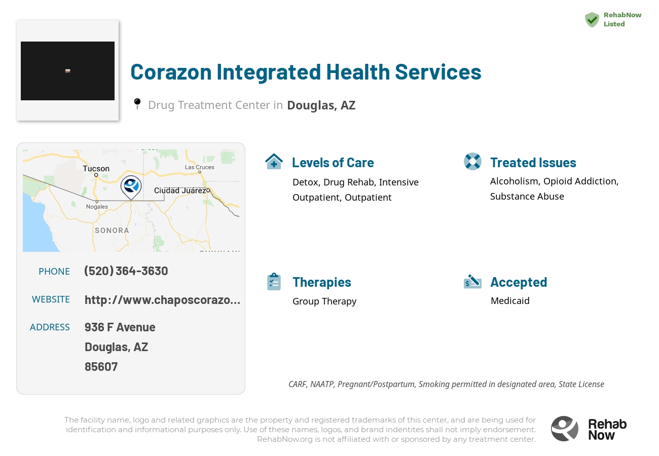 Helpful reference information for Corazon Integrated Health Services, a drug treatment center in Arizona located at: 936 F Avenue, Douglas, AZ, 85607, including phone numbers, official website, and more. Listed briefly is an overview of Levels of Care, Therapies Offered, Issues Treated, and accepted forms of Payment Methods.