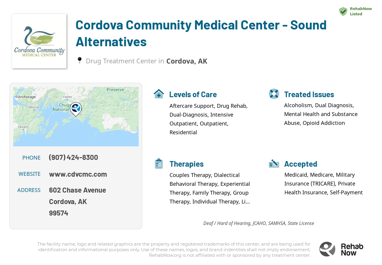 Helpful reference information for Cordova Community Medical Center - Sound Alternatives, a drug treatment center in Alaska located at: 602 Chase Avenue, Cordova, AK, 99574, including phone numbers, official website, and more. Listed briefly is an overview of Levels of Care, Therapies Offered, Issues Treated, and accepted forms of Payment Methods.