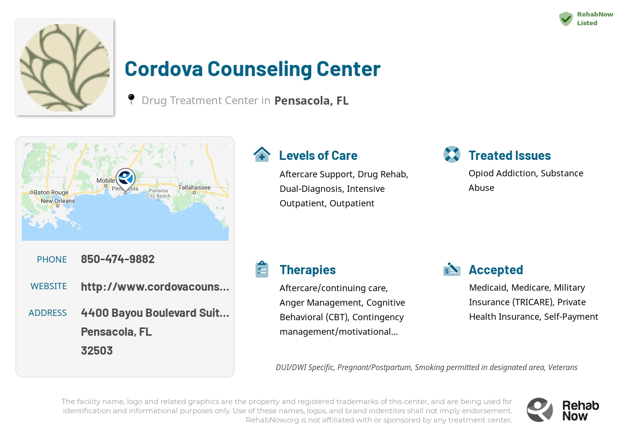 Helpful reference information for Cordova Counseling Center, a drug treatment center in Florida located at: 4400 Bayou Boulevard Suite 8-D, Pensacola, FL 32503, including phone numbers, official website, and more. Listed briefly is an overview of Levels of Care, Therapies Offered, Issues Treated, and accepted forms of Payment Methods.
