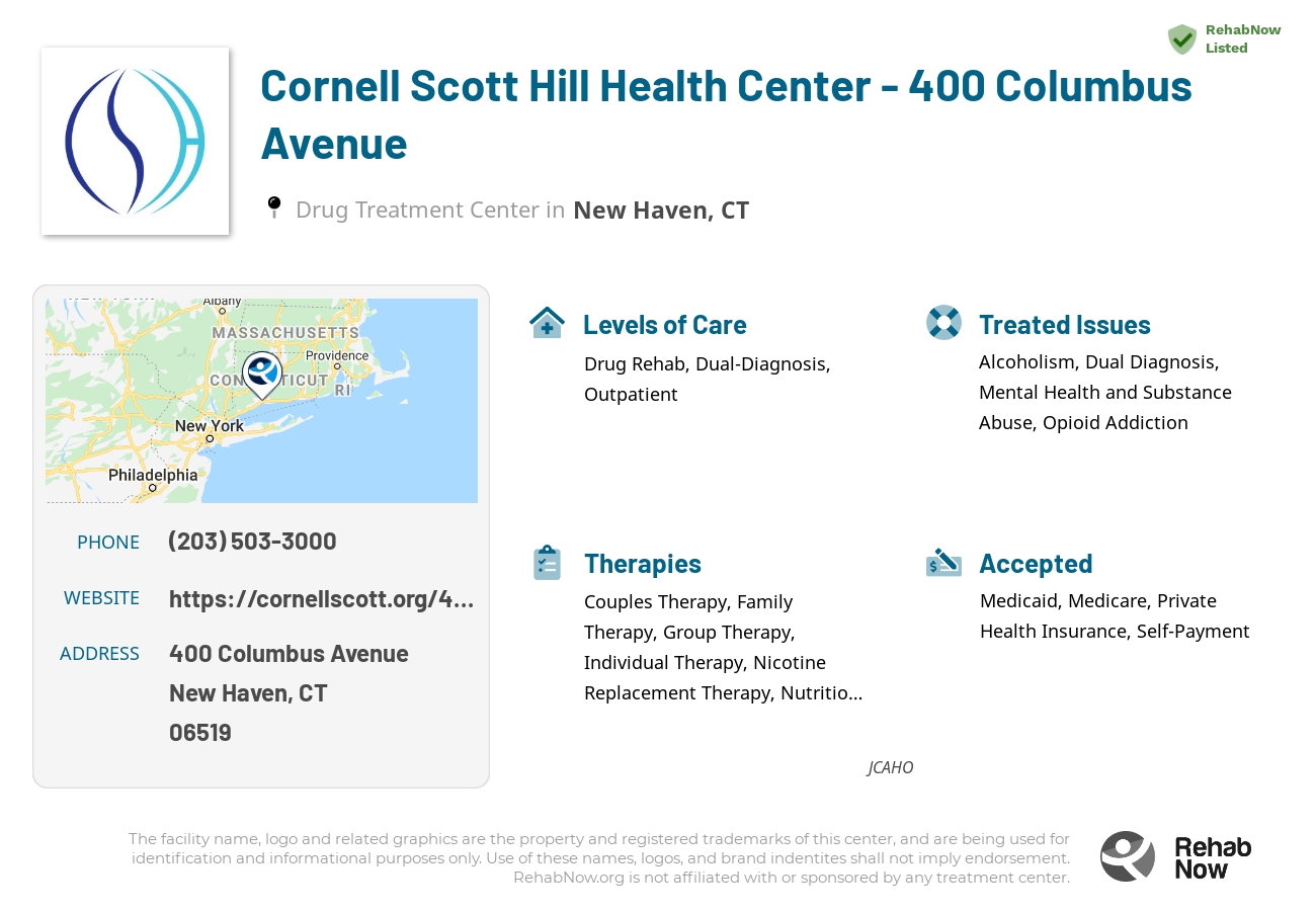Helpful reference information for Cornell Scott Hill Health Center - 400 Columbus Avenue, a drug treatment center in Connecticut located at: 400 Columbus Avenue, New Haven, CT, 06519, including phone numbers, official website, and more. Listed briefly is an overview of Levels of Care, Therapies Offered, Issues Treated, and accepted forms of Payment Methods.