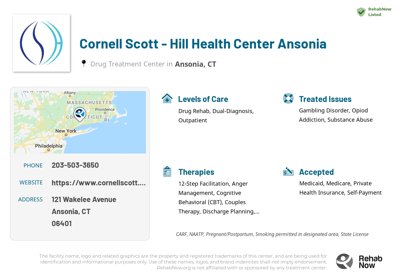 Helpful reference information for Cornell Scott - Hill Health Center Ansonia, a drug treatment center in Connecticut located at: 121 Wakelee Avenue, Ansonia, CT 06401, including phone numbers, official website, and more. Listed briefly is an overview of Levels of Care, Therapies Offered, Issues Treated, and accepted forms of Payment Methods.