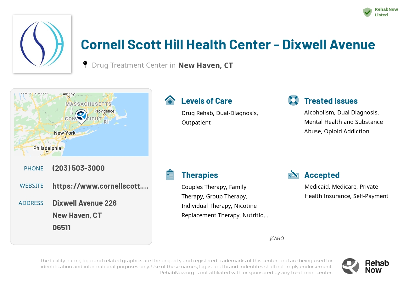 Helpful reference information for Cornell Scott Hill Health Center - Dixwell Avenue, a drug treatment center in Connecticut located at: Dixwell Avenue 226, New Haven, CT, 06511, including phone numbers, official website, and more. Listed briefly is an overview of Levels of Care, Therapies Offered, Issues Treated, and accepted forms of Payment Methods.