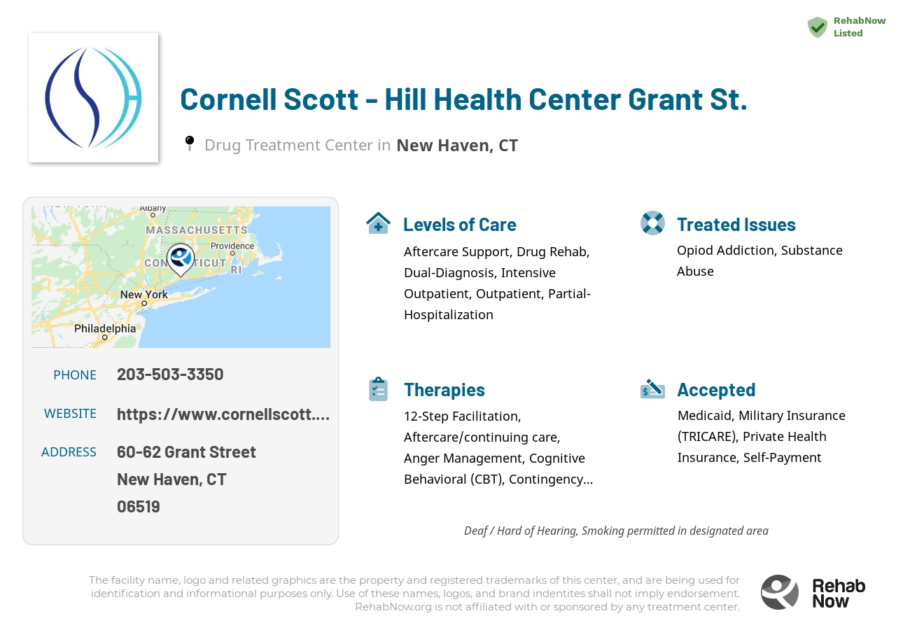 Helpful reference information for Cornell Scott - Hill Health Center Grant St., a drug treatment center in Connecticut located at: 60-62 Grant Street, New Haven, CT 06519, including phone numbers, official website, and more. Listed briefly is an overview of Levels of Care, Therapies Offered, Issues Treated, and accepted forms of Payment Methods.