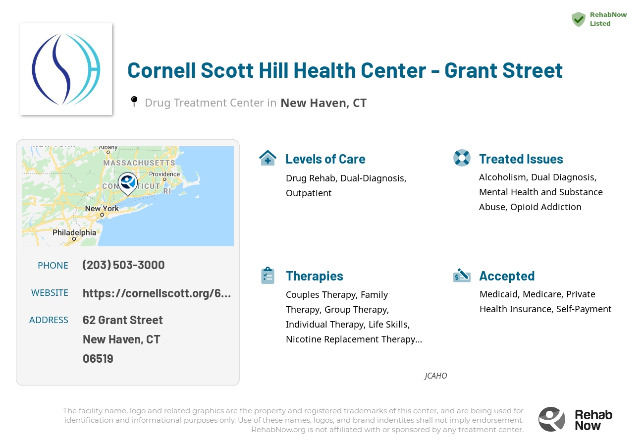 Helpful reference information for Cornell Scott Hill Health Center - Grant Street, a drug treatment center in Connecticut located at: 62 Grant Street, New Haven, CT, 06519, including phone numbers, official website, and more. Listed briefly is an overview of Levels of Care, Therapies Offered, Issues Treated, and accepted forms of Payment Methods.
