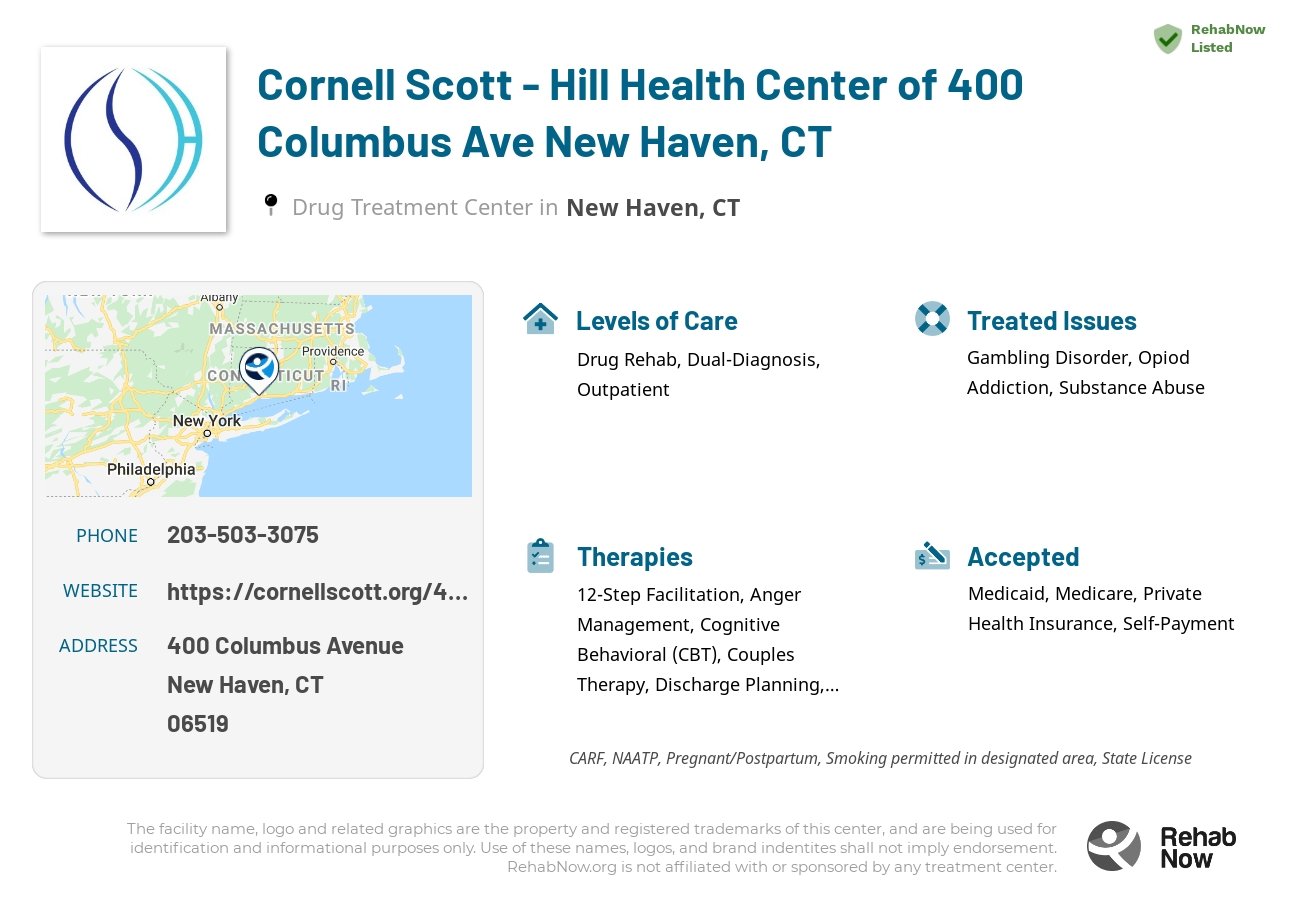 Helpful reference information for Cornell Scott - Hill Health Center of 400 Columbus Ave New Haven, CT, a drug treatment center in Connecticut located at: 400 Columbus Avenue, New Haven, CT 06519, including phone numbers, official website, and more. Listed briefly is an overview of Levels of Care, Therapies Offered, Issues Treated, and accepted forms of Payment Methods.