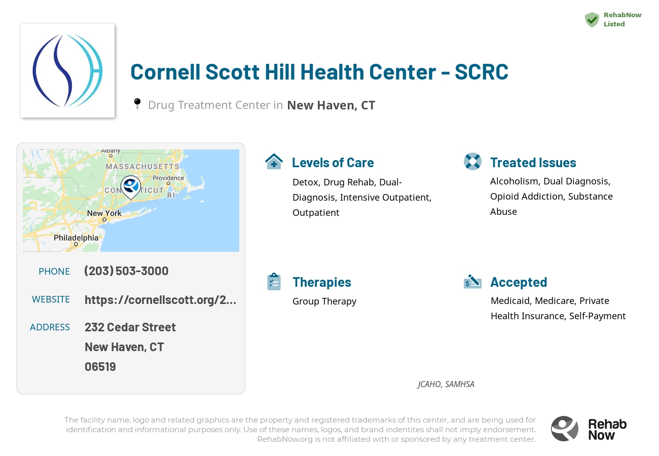 Helpful reference information for Cornell Scott Hill Health Center - SCRC, a drug treatment center in Connecticut located at: 232 Cedar Street, New Haven, CT, 06519, including phone numbers, official website, and more. Listed briefly is an overview of Levels of Care, Therapies Offered, Issues Treated, and accepted forms of Payment Methods.