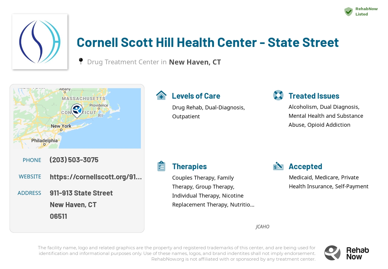 Helpful reference information for Cornell Scott Hill Health Center - State Street, a drug treatment center in Connecticut located at: 911-913 State Street, New Haven, CT, 06511, including phone numbers, official website, and more. Listed briefly is an overview of Levels of Care, Therapies Offered, Issues Treated, and accepted forms of Payment Methods.