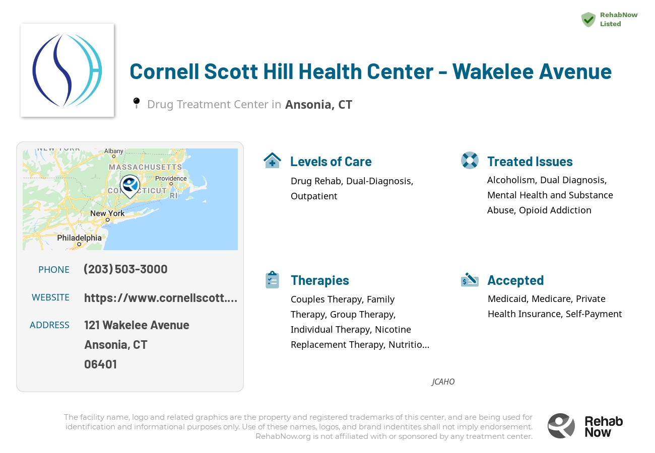 Helpful reference information for Cornell Scott Hill Health Center - Wakelee Avenue, a drug treatment center in Connecticut located at: 121 Wakelee Avenue, Ansonia, CT, 06401, including phone numbers, official website, and more. Listed briefly is an overview of Levels of Care, Therapies Offered, Issues Treated, and accepted forms of Payment Methods.