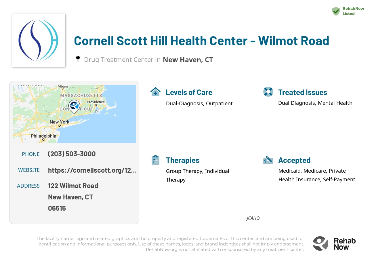 Helpful reference information for Cornell Scott Hill Health Center - Wilmot Road, a drug treatment center in Connecticut located at: 122 Wilmot Road, New Haven, CT, 06515, including phone numbers, official website, and more. Listed briefly is an overview of Levels of Care, Therapies Offered, Issues Treated, and accepted forms of Payment Methods.