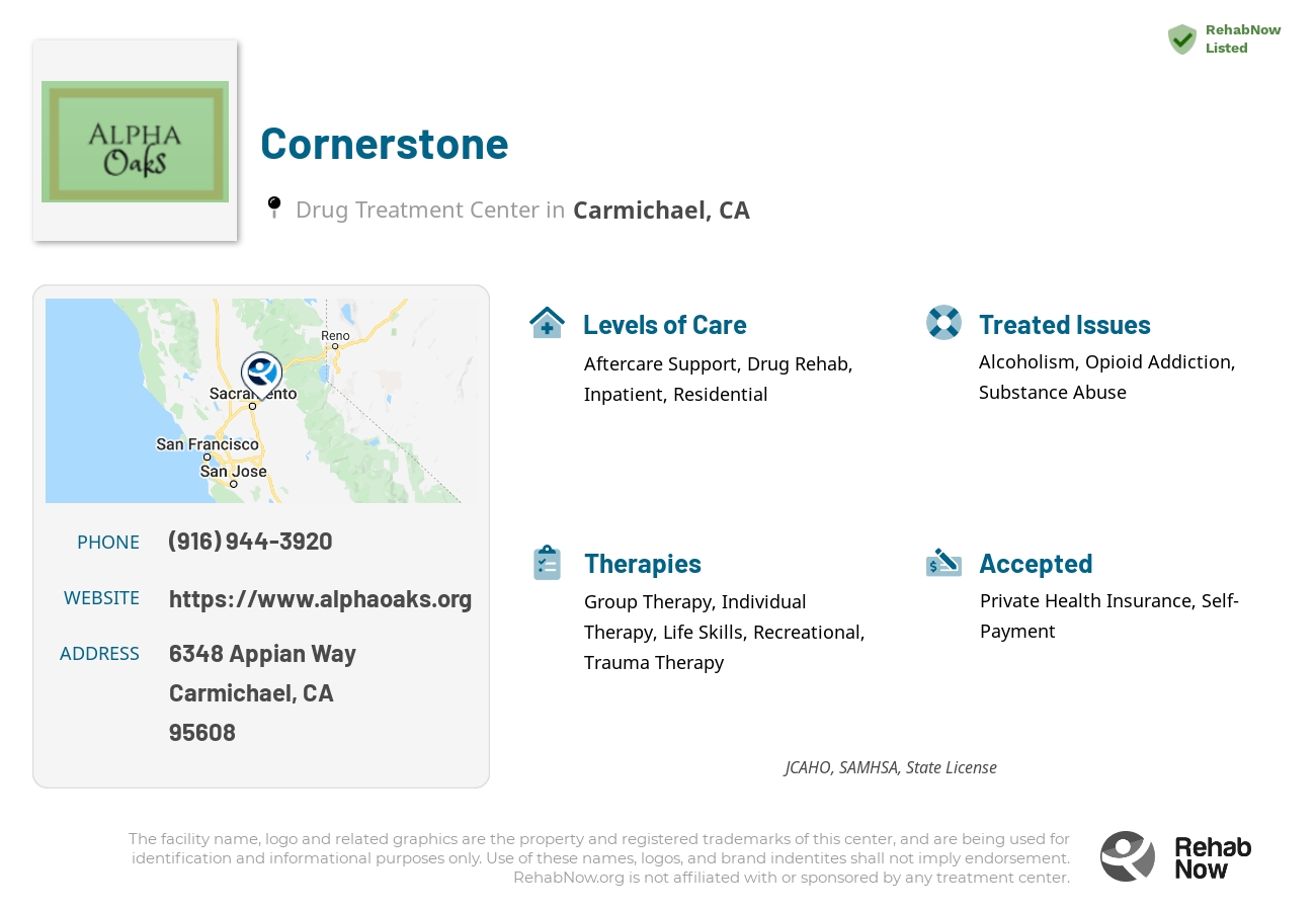 Helpful reference information for Cornerstone, a drug treatment center in California located at: 6348 Appian Way, Carmichael, CA 95608, including phone numbers, official website, and more. Listed briefly is an overview of Levels of Care, Therapies Offered, Issues Treated, and accepted forms of Payment Methods.