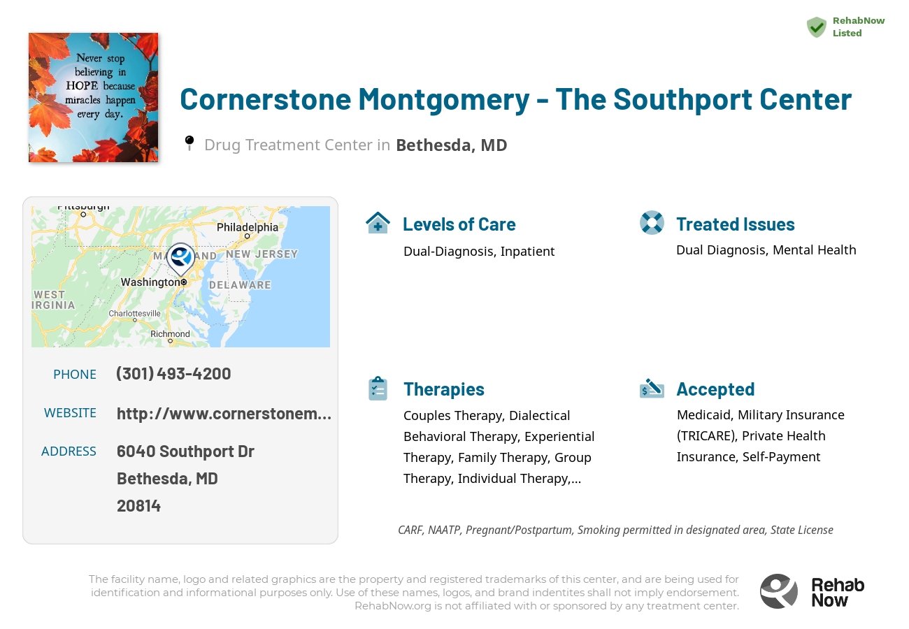 Helpful reference information for Cornerstone Montgomery - The Southport Center, a drug treatment center in Maryland located at: 6040 Southport Dr, Bethesda, MD 20814, including phone numbers, official website, and more. Listed briefly is an overview of Levels of Care, Therapies Offered, Issues Treated, and accepted forms of Payment Methods.