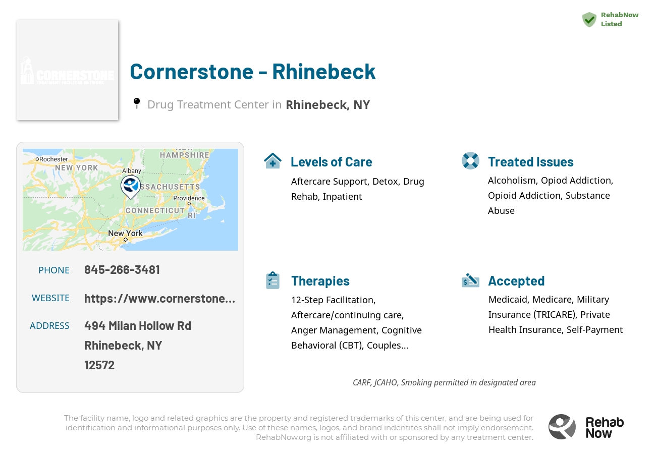 Helpful reference information for Cornerstone - Rhinebeck, a drug treatment center in New York located at: 494 Milan Hollow Rd, Rhinebeck, NY 12572, including phone numbers, official website, and more. Listed briefly is an overview of Levels of Care, Therapies Offered, Issues Treated, and accepted forms of Payment Methods.