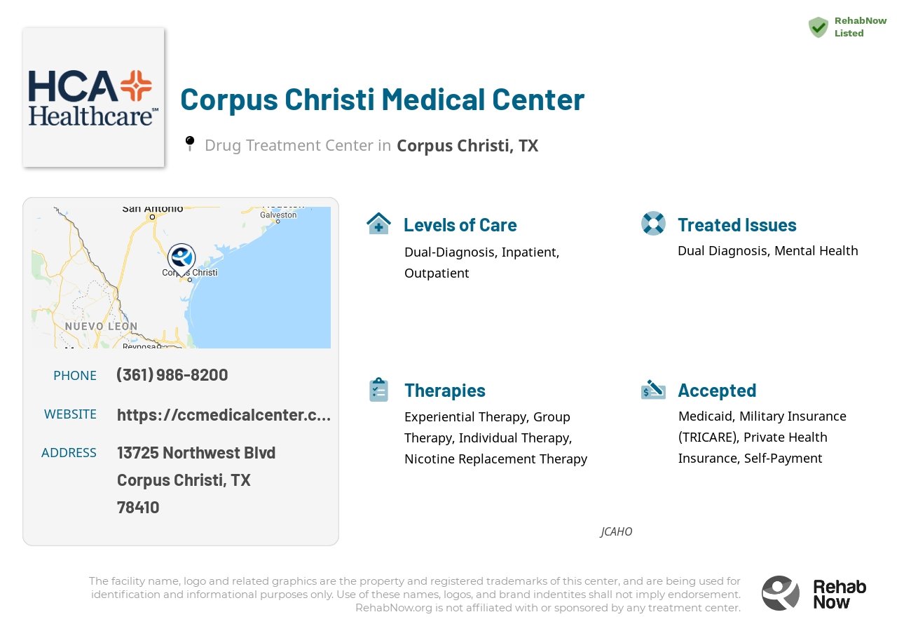 Helpful reference information for Corpus Christi Medical Center, a drug treatment center in Texas located at: 13725 Northwest Blvd, Corpus Christi, TX 78410, including phone numbers, official website, and more. Listed briefly is an overview of Levels of Care, Therapies Offered, Issues Treated, and accepted forms of Payment Methods.