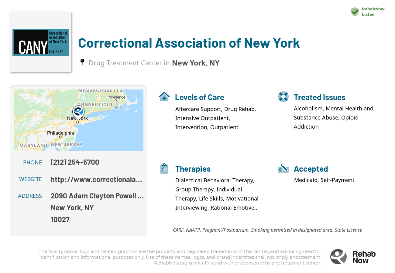 Helpful reference information for Correctional Association of New York, a drug treatment center in New York located at: 2090 Adam Clayton Powell Jr Blvd, New York, NY 10027, including phone numbers, official website, and more. Listed briefly is an overview of Levels of Care, Therapies Offered, Issues Treated, and accepted forms of Payment Methods.