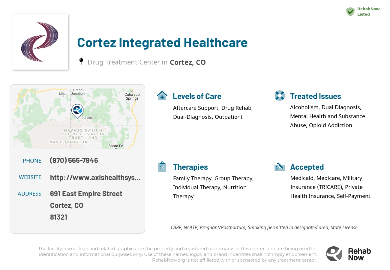 Helpful reference information for Cortez Integrated Healthcare, a drug treatment center in Colorado located at: 691 East Empire Street, Cortez, CO, 81321, including phone numbers, official website, and more. Listed briefly is an overview of Levels of Care, Therapies Offered, Issues Treated, and accepted forms of Payment Methods.
